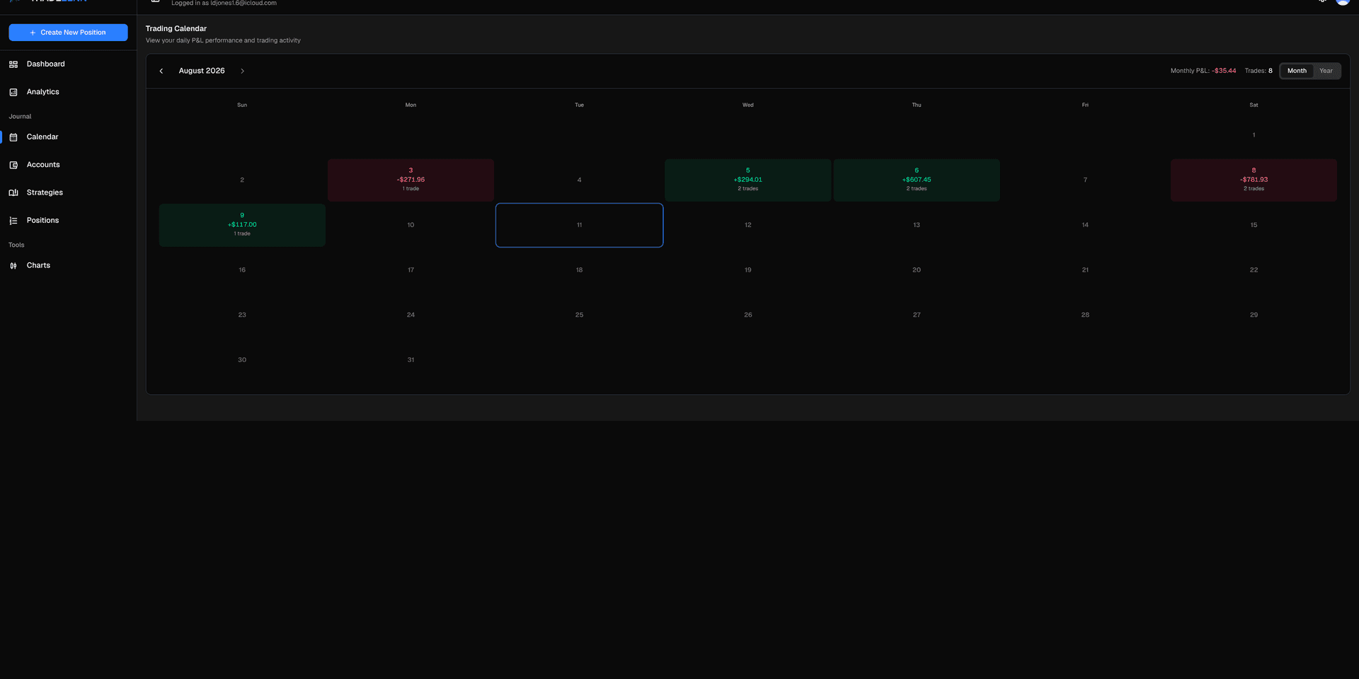 TRADEZENN calendar in dark mode